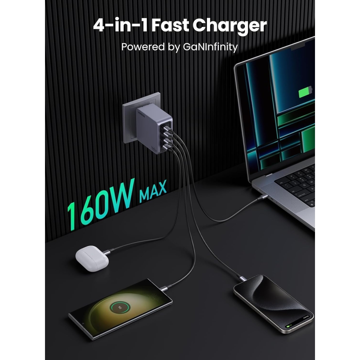 Ugreen Φορτιστής 220V 160W 1xUSB-A, 3xUSB-C Nexode Pro GaN και Καλώδιο Type C 1.5m Γκρι X763 / 25877 - Image 4
