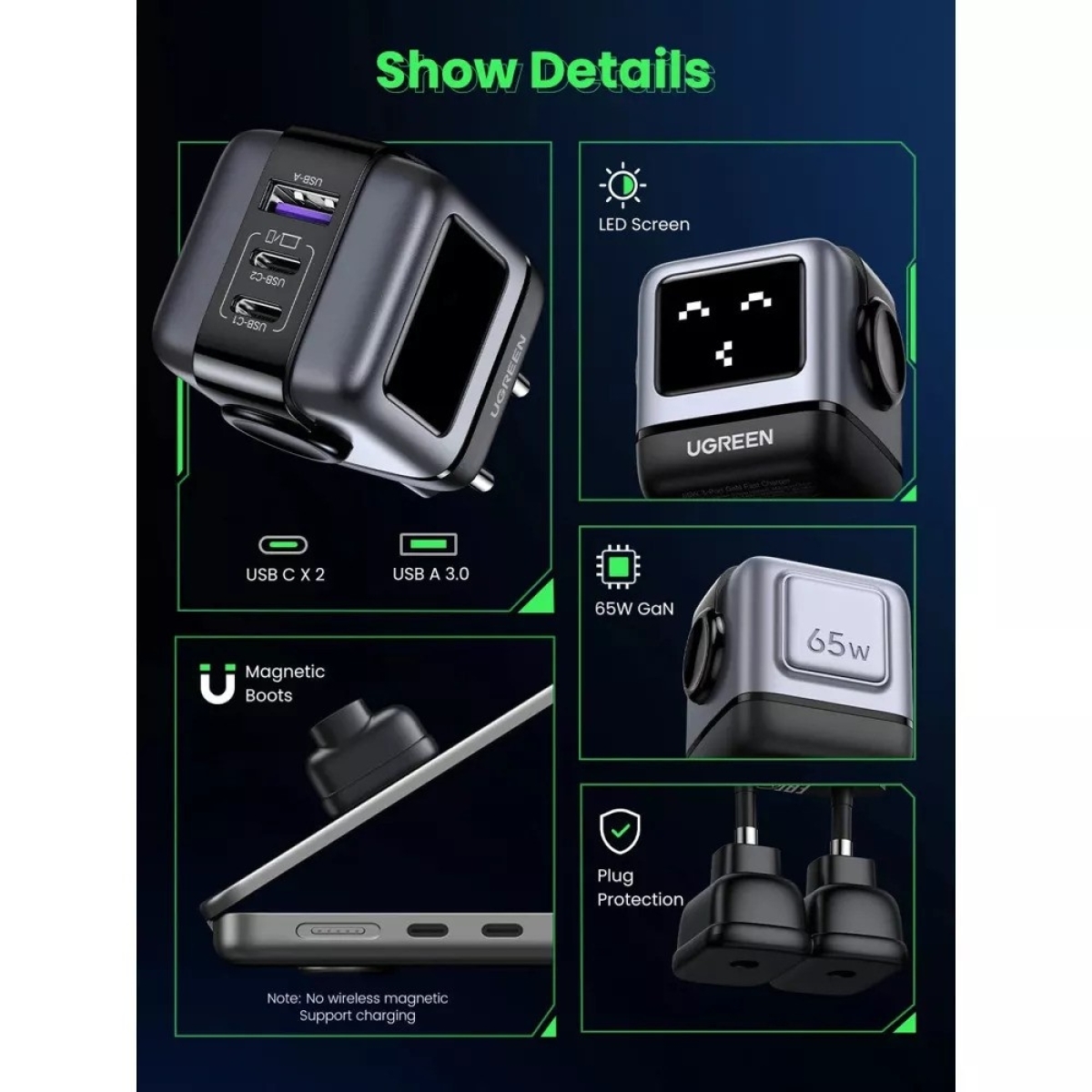Ugreen Φορτιστής Χωρίς Καλώδιο 220V 65W, USB-A, 2xUSB-C Nexode RG Robot GaN Γκρι CD361 / 25685B - Image 4