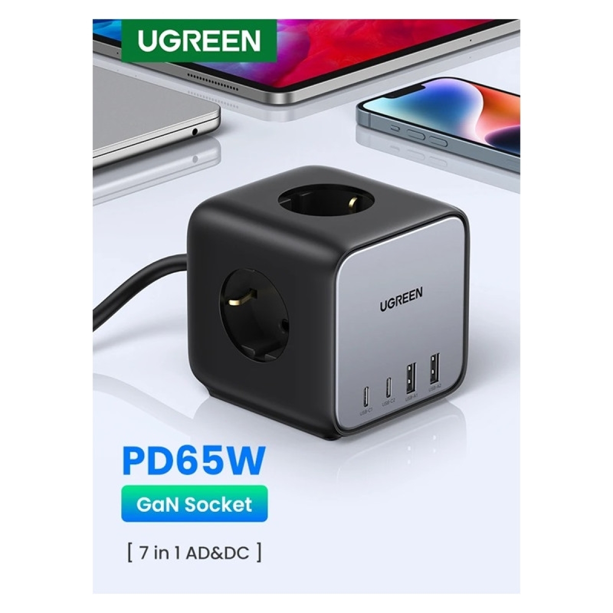 Ugreen Πολύπριζο 3 Θέσεων / Φορτιστής 220V 65W, 2xUSB-A, 2xUSB-C DigiNest Cube GaN, Γκρι CD268 / 60113 - Image 3