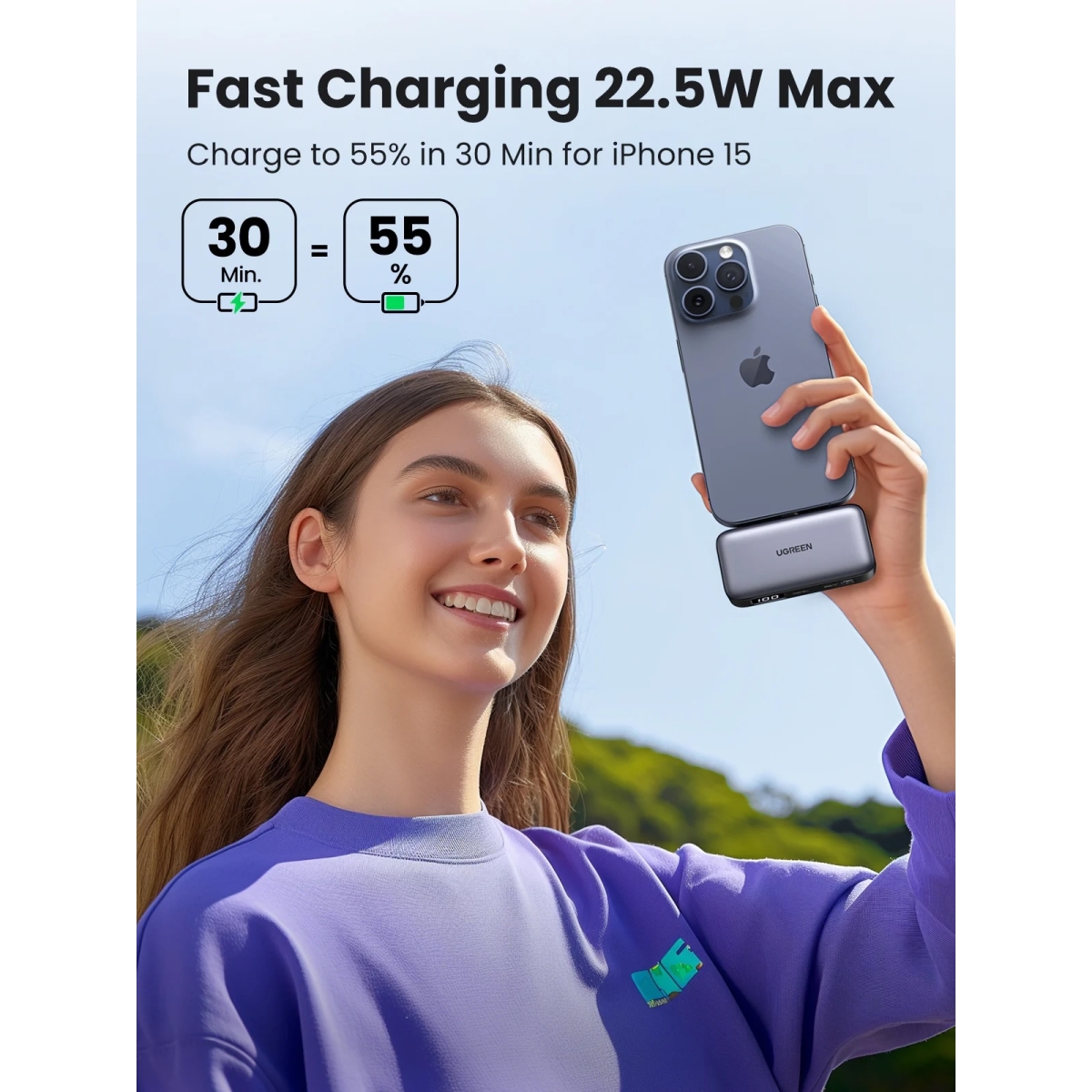 Ugreen Powerbank 5000 mAh 22.5W, με Ενσωματωμένο Βύσμα USB-C Γκρι PB503 / 35338 - Image 2
