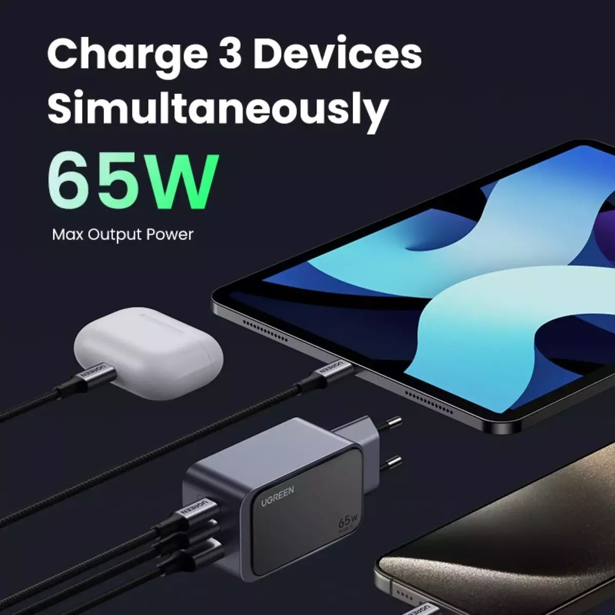 Ugreen Φορτιστής Χωρίς Καλώδιο GaN με Θύρα USB-A και 2 Θύρες USB-C 65W Power Delivery / Quick Charge 3.0 Γκρι (Nexode Air X553) - Image 2