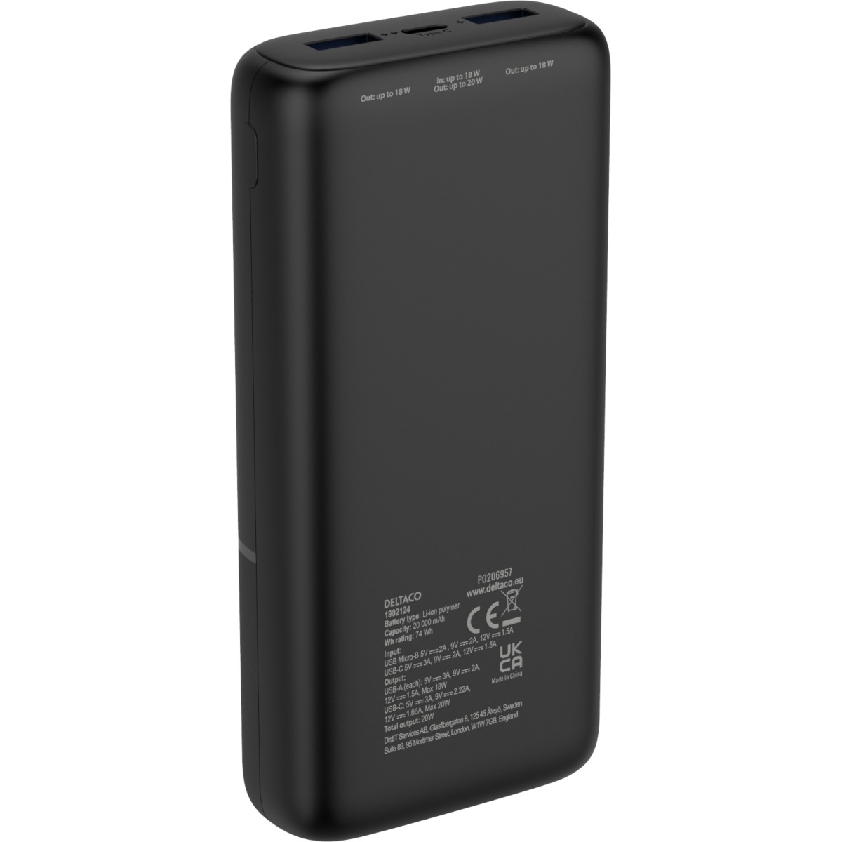 Deltaco Power bank 20.000 mAh , 2x USB-A 18W, 1x USB-C PD 20W Μαύρο PB-C1008 - Image 4