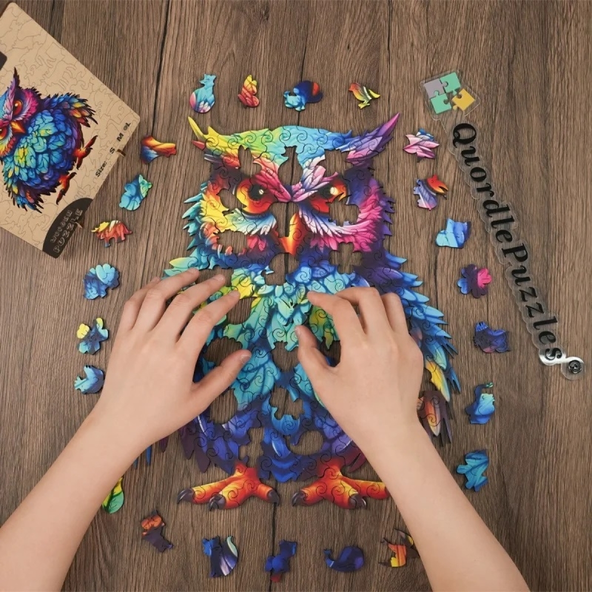 Quordlepuzzles Ξύλινο Puzzle Κουκουβάγια με Πολύχρωμα Φτερά LARGE 45x45cm 170-210 Κομμάτια T976-L(C) - Image 3