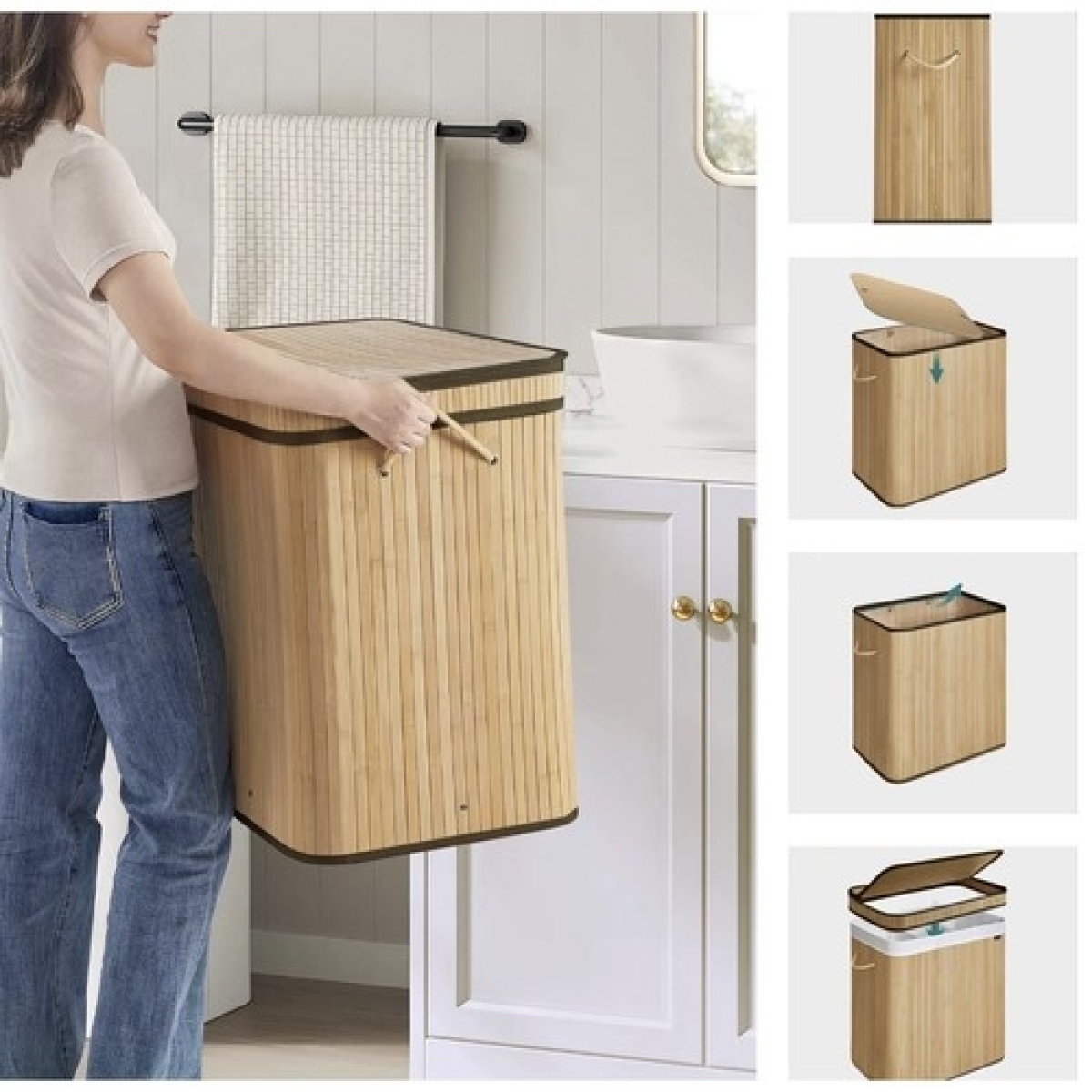 Καλάθι Απλύτων Bamboo με Καπάκι 60x54x35cm 2 Διαμερισμάτων Καφέ 00024269 - Image 3
