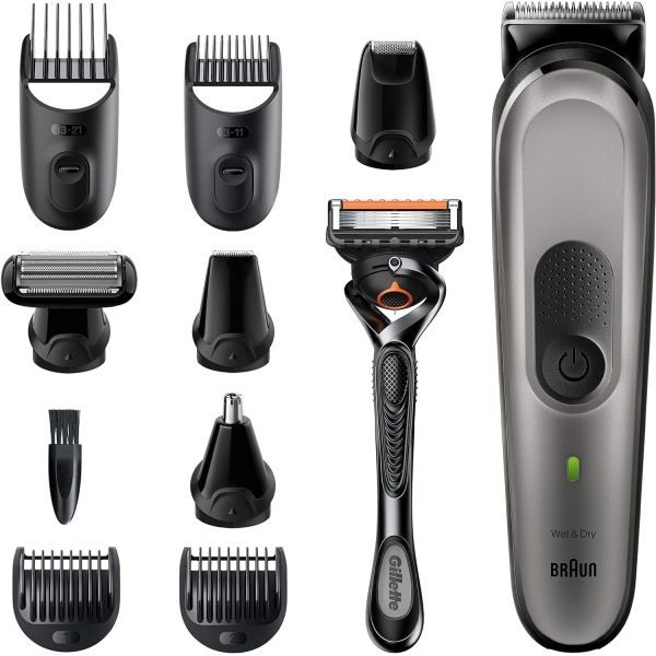 Braun All-In-One Trimmer 7 10 in 1 Σετ Επαναφορτιζόμενης Κουρευτικής Μηχανής Ασημί MGK7920