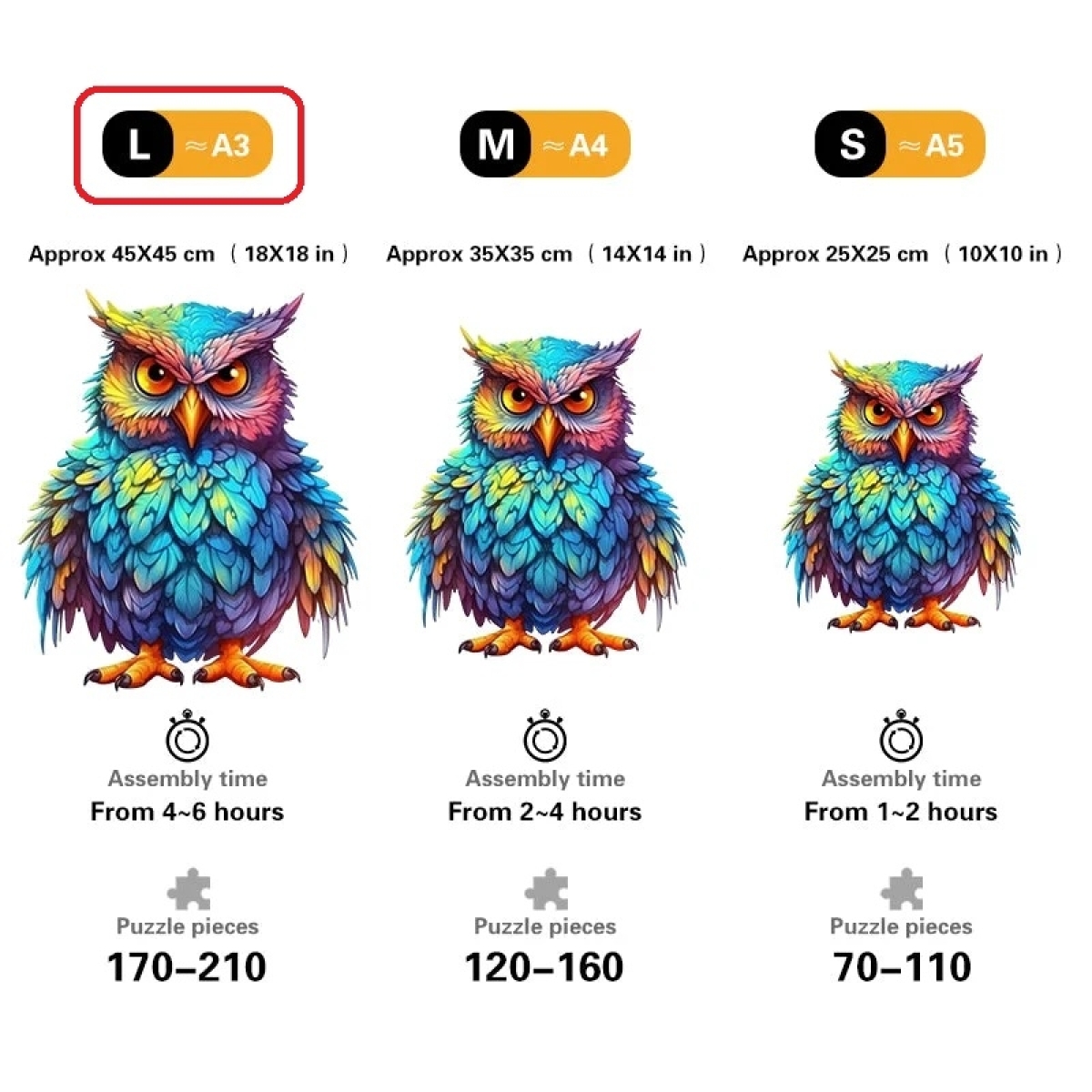 Quordlepuzzles Ξύλινο Puzzle Κουκουβάγια με Πολύχρωμα Φτερά LARGE 45x45cm 170-210 Κομμάτια T976-L(C) - Image 4