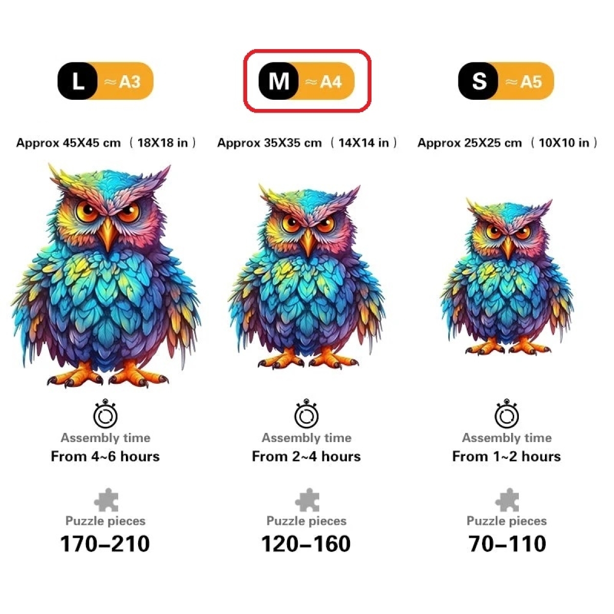 Quordlepuzzles Ξύλινο Puzzle Κουκουβάγια με Πολύχρωμα Φτερά MEDIUM 35x35cm 120-160 Κομμάτια T976-M(C) - Image 3