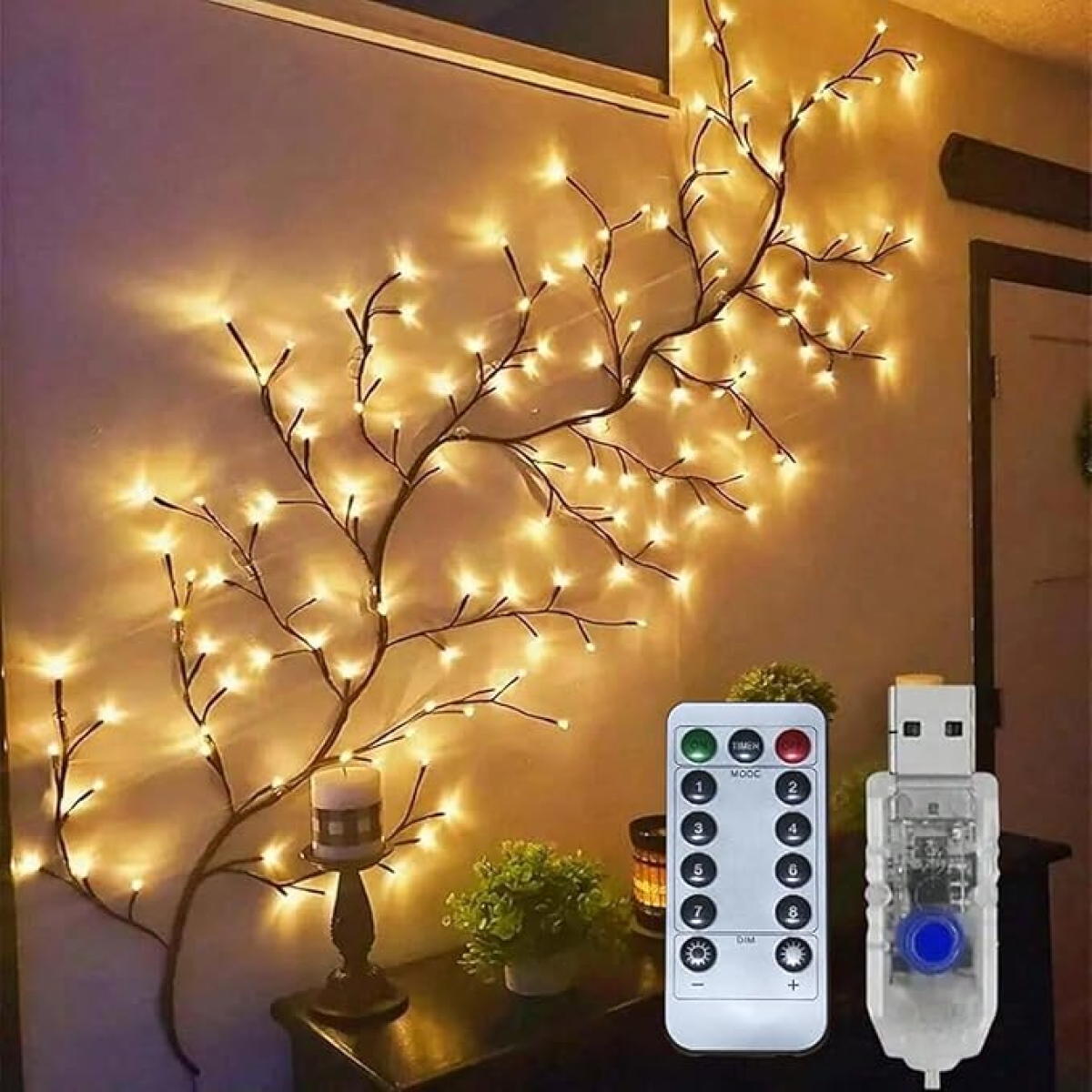 Αναρριχώμενα Διακοσμητικά Κλαδιά με 72 LED και Τηλεχειριστήριο Θερμoύ Φωτισμού