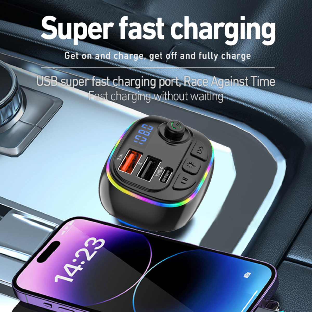 Bluetooth FM Transmitter Αυτοκινήτου Με Οθόνη LED Και RGΒ Φωτισμό C23 - Image 3