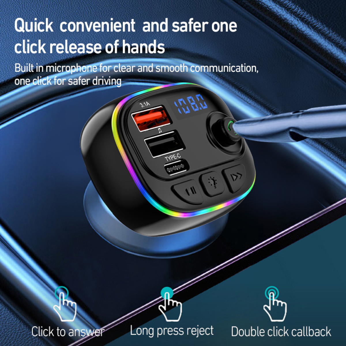 Bluetooth FM Transmitter Αυτοκινήτου Με Οθόνη LED Και RGΒ Φωτισμό C23 - Image 4