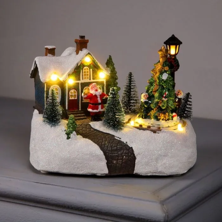Χριστουγεννιάτικο Φωτιζόμενο Χιονισμένο Χωριό με Άγιο Βασίλη, Δέντρο με Κίνηση και Μουσική