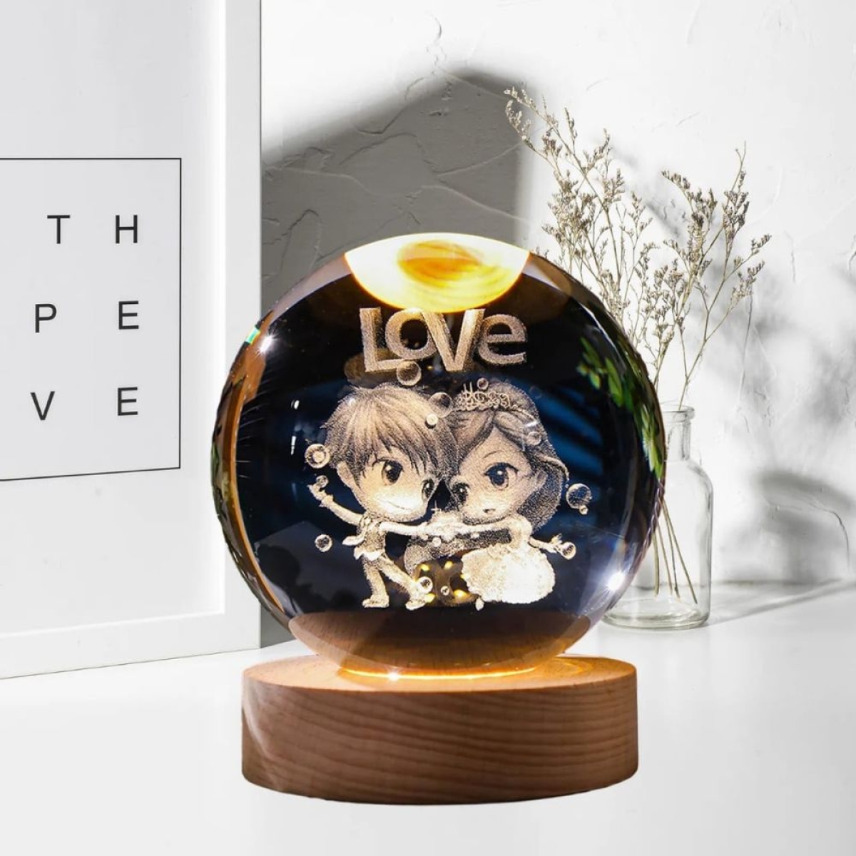 Διακοσμητική Κρυστάλλινη LED Μπάλα 8cm 3D με Ξύλινη Βάση
