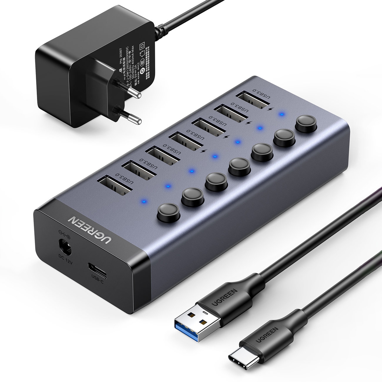 Ugreen Type C HUB /Σταθμός Φόρτισης 7x USB Type A 3.0 PD DC 12V Γκρι CM481