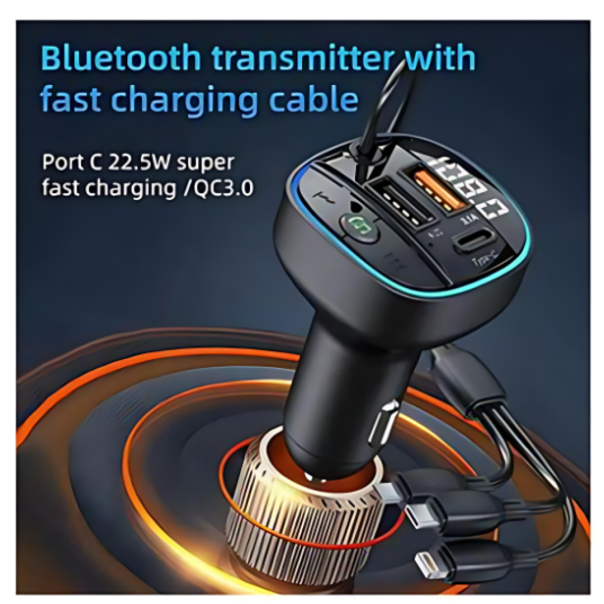 FM Transmitter με 3 Καλώδια Φόρτισης Lightning/Type-C/Micro TC-881PD Μαύρο - Image 3