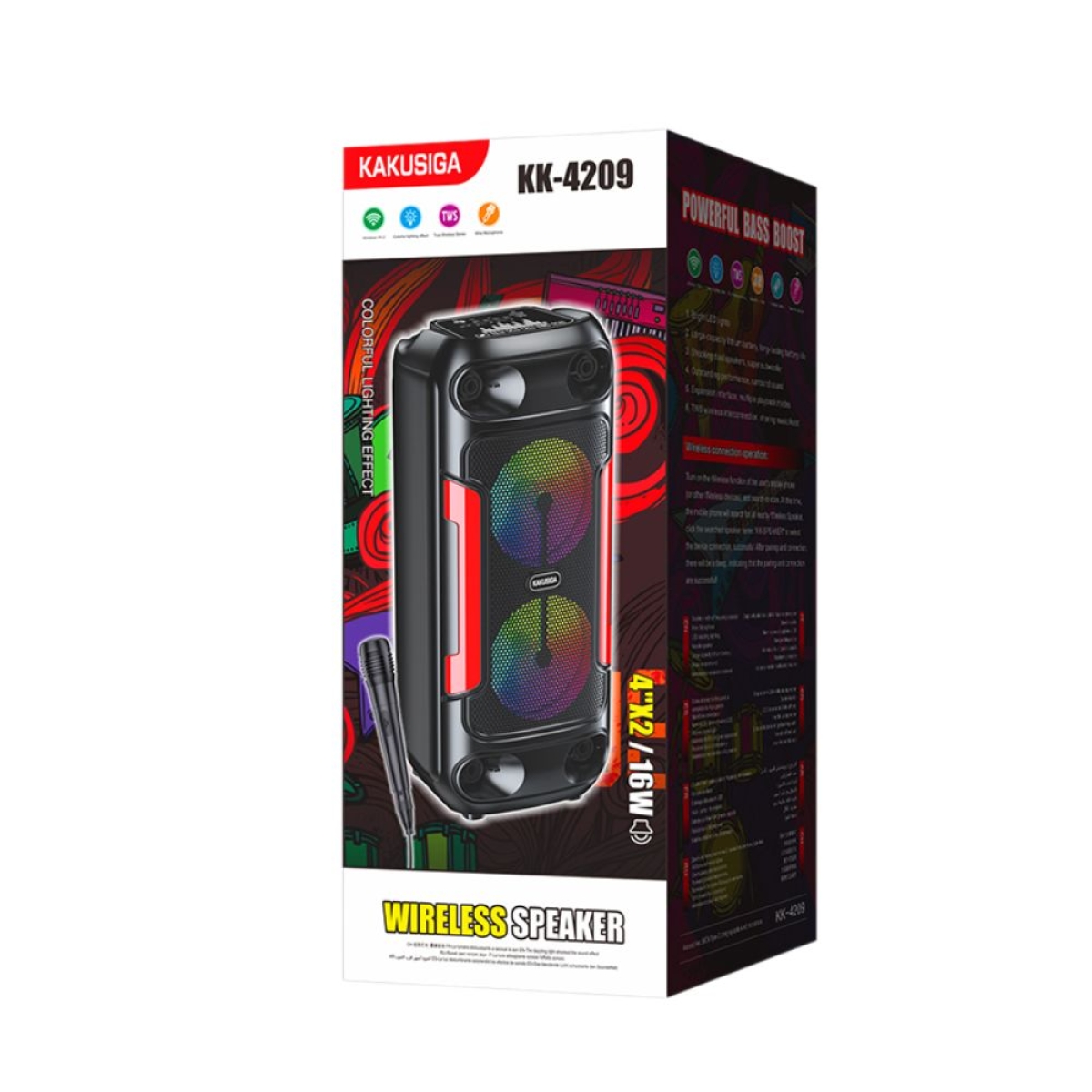 Φορητό Ηχείο Bluetooth 2x4'' 60W RGB TWS με 2 Ασύρματα Μικρόφωνα, KK-4209