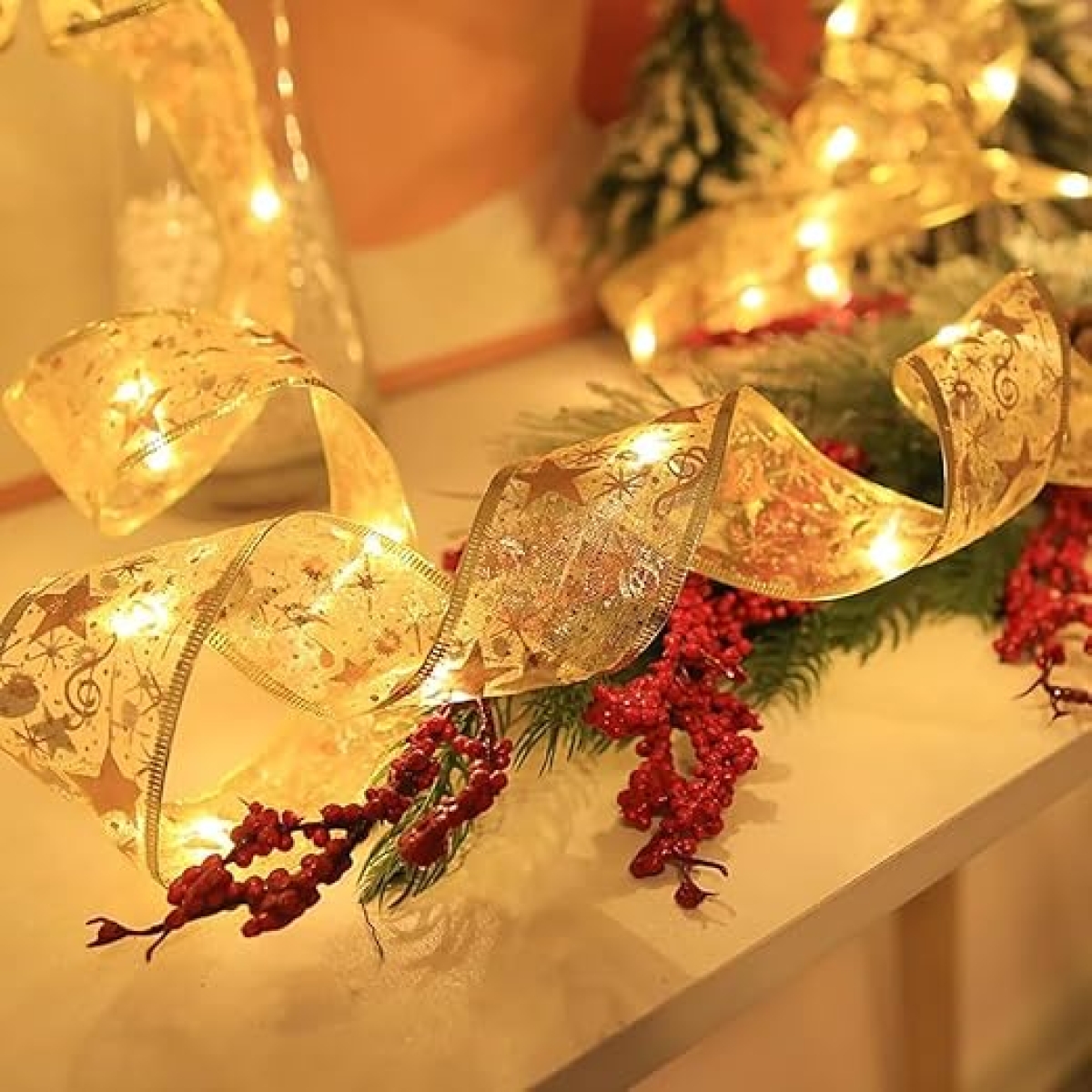 Φωτιζόμενη Διακοσμητική Κορδέλα Χριστουγεννιάτικου Δέντρου με Θερμό Λευκό Φωτισμό