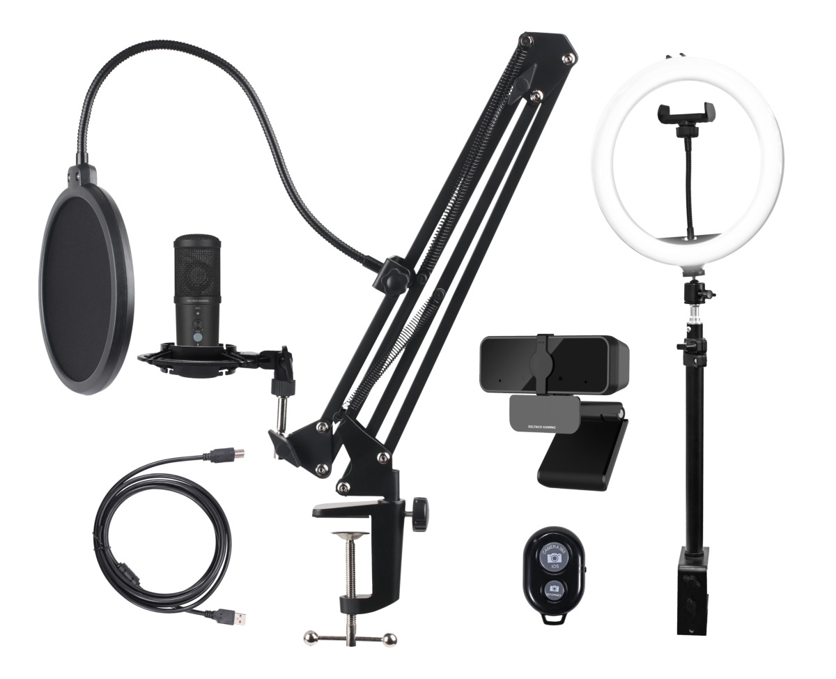 Deltaco Gaming Streaming Kit ( Webcam, Ring Light Με Βάση, Μικρόφωνο Με Βάση Και Pop Filter) Μαύρο Gam-170