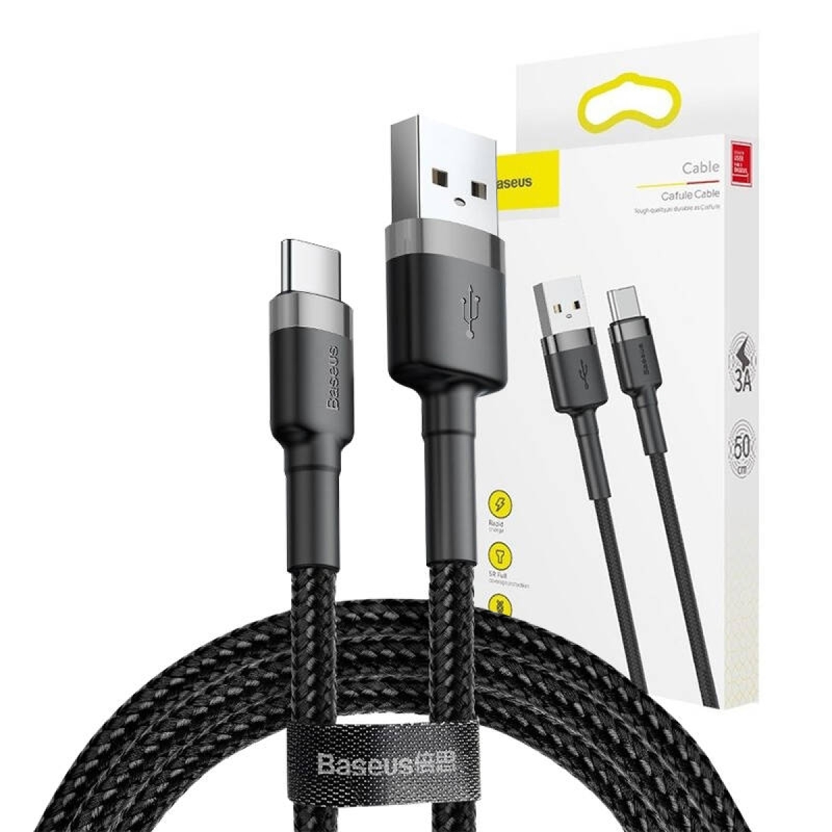 Baseus Καλώδιο Φόρτισης USB-A σε Type C, 3A USB 2.0 Cafule Braided 1m Μαύρο CATKLF-BG1 - Image 4
