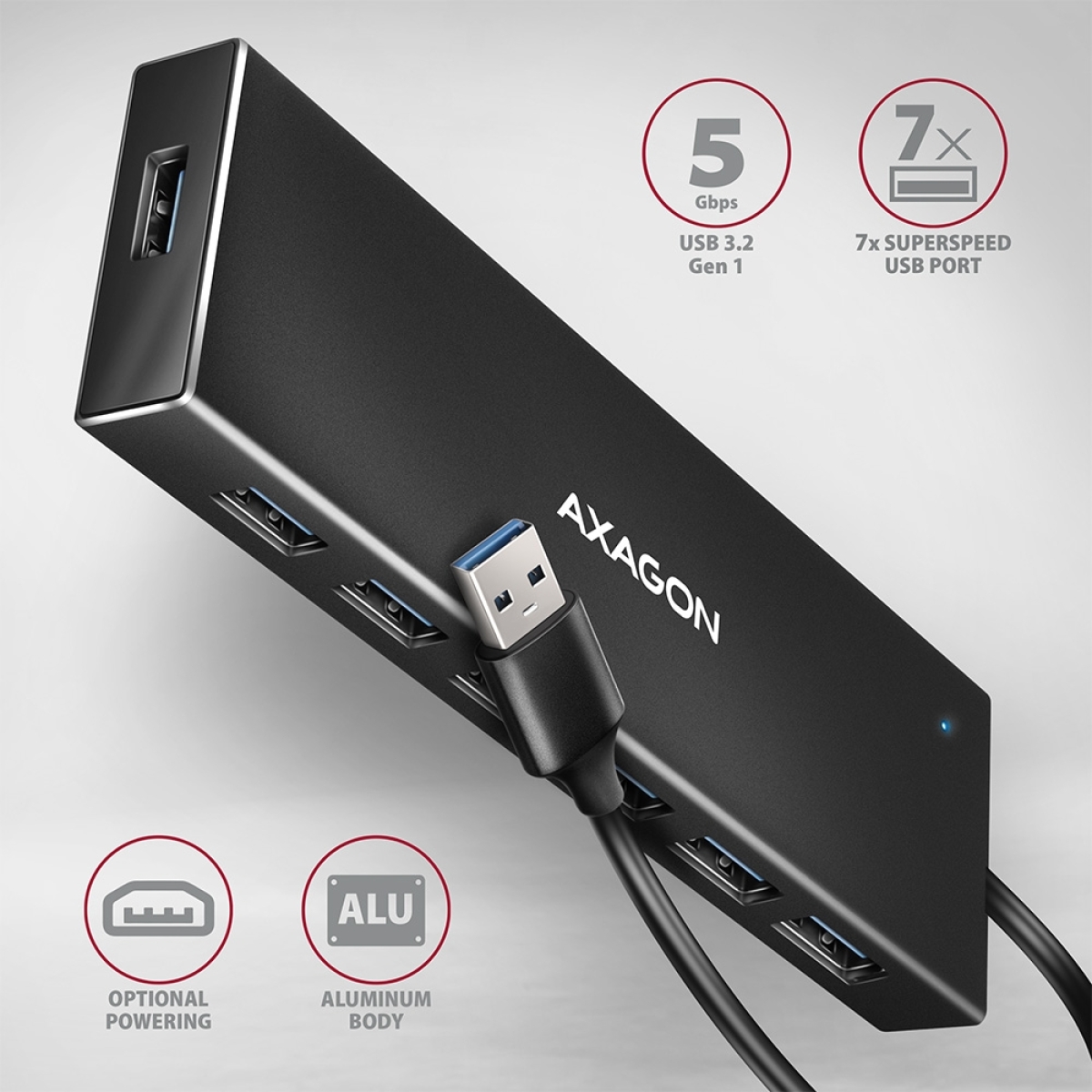 Axagon 7x USB 3.2 Gen 1 ALU FLAT hub, micro USB power IN, 1m USB-A cable HUE-F7A - Image 3