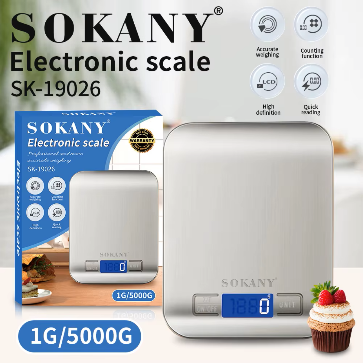 Ηλεκτρονική Ζυγαριά Κουζίνας 5000g/1g Sokany SK-19026 Ασημί - Image 3