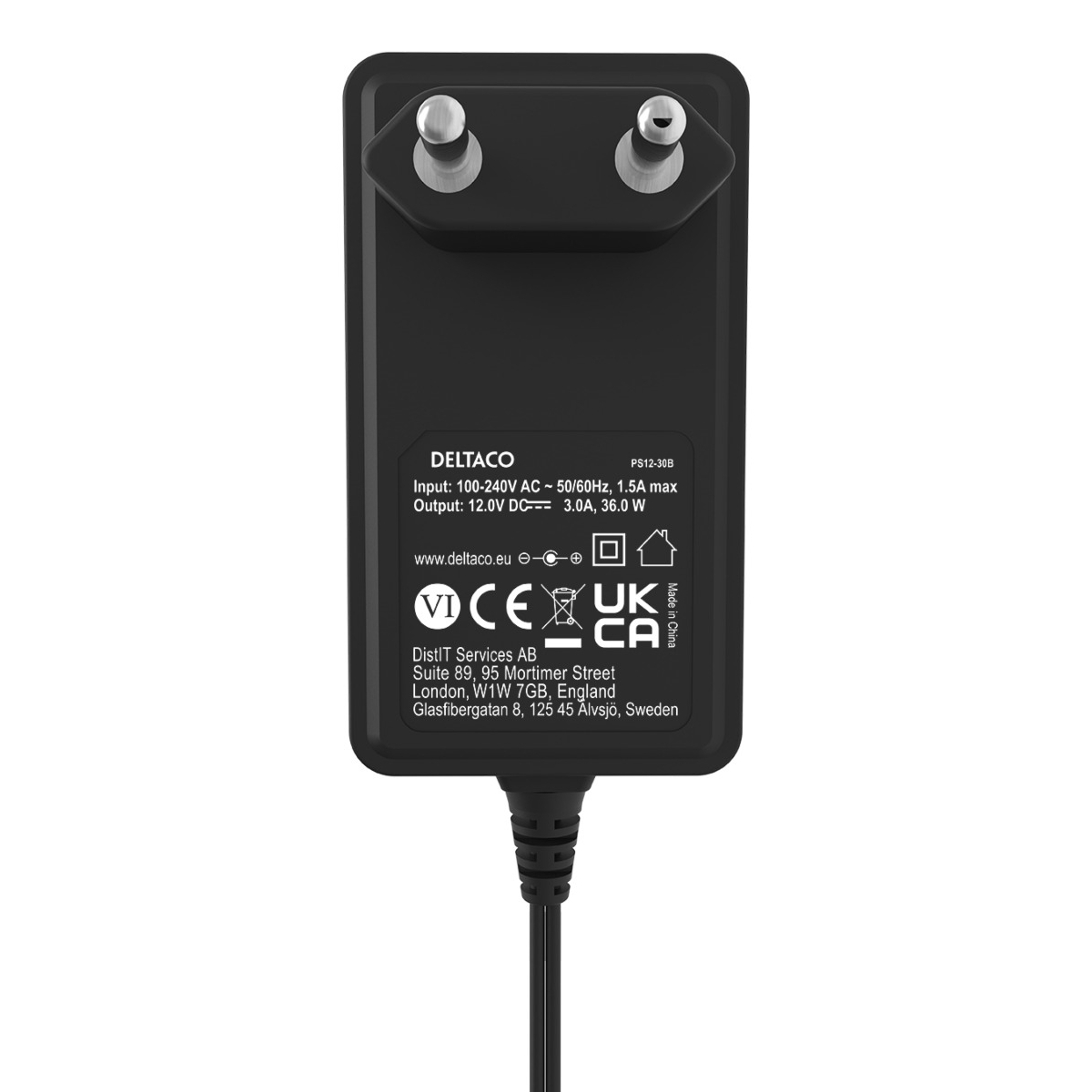 Deltaco Τροφοδοτικό AC Adapter 100-240V AC 50/60Hz σε 12V DC, 3A, Μήκος Καλωδίου 1.5m Μαύρο PS12-30B - Image 3
