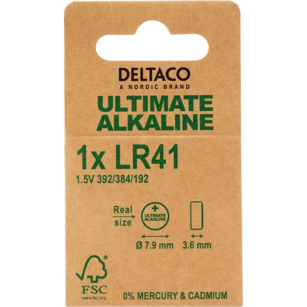 DELTACO Ultimate Αλκαλική Μπαταρία 1.5V LR41 button cell 1 τεμάχιο Οικολογική FSC Συσκευασία ULT-LR41-1P