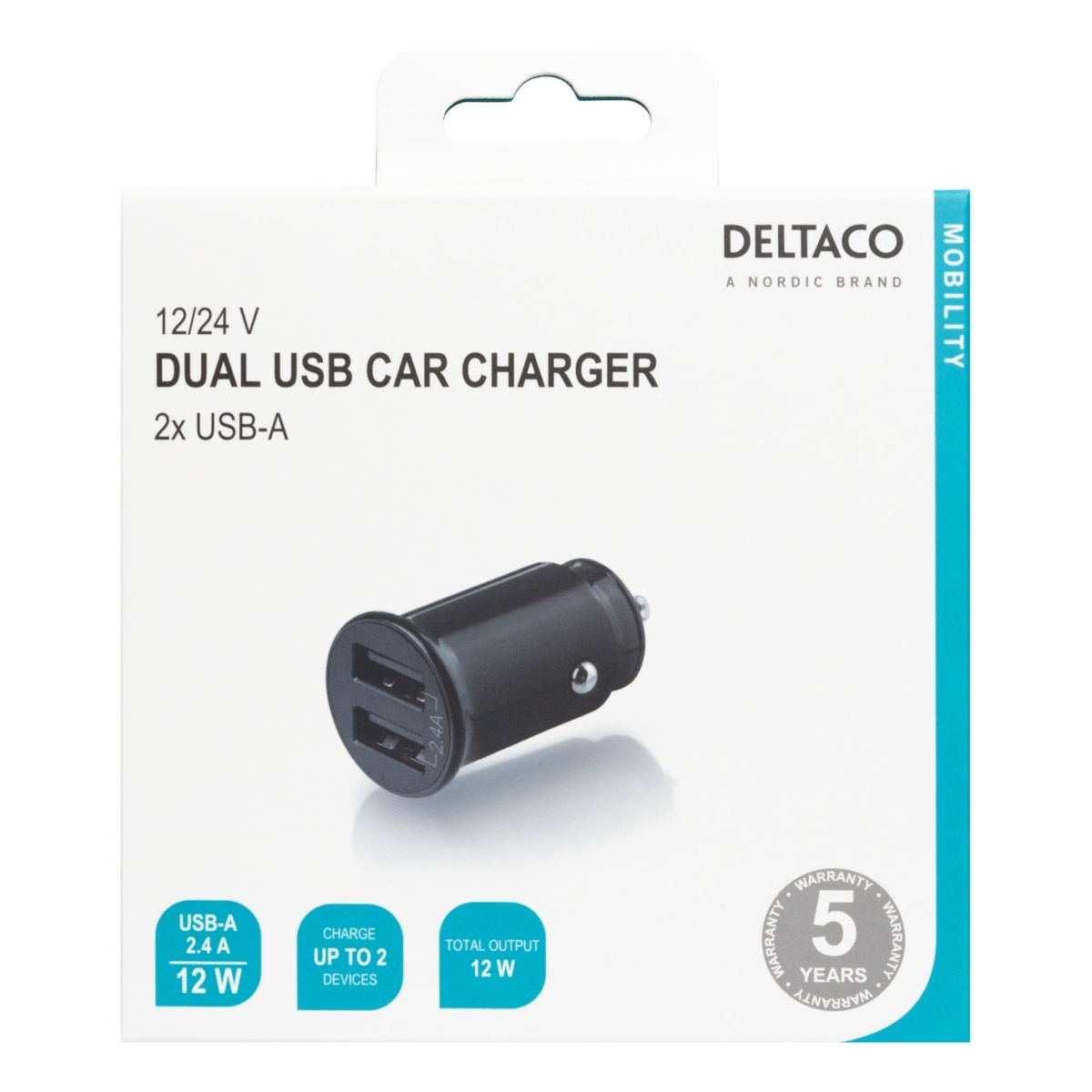 Deltaco Φορτιστής Αυτοκινήτου 12/24 V USB 2xUSB-A, 2.4A , 12W, Μαύρος USB-CAR124 - Image 3