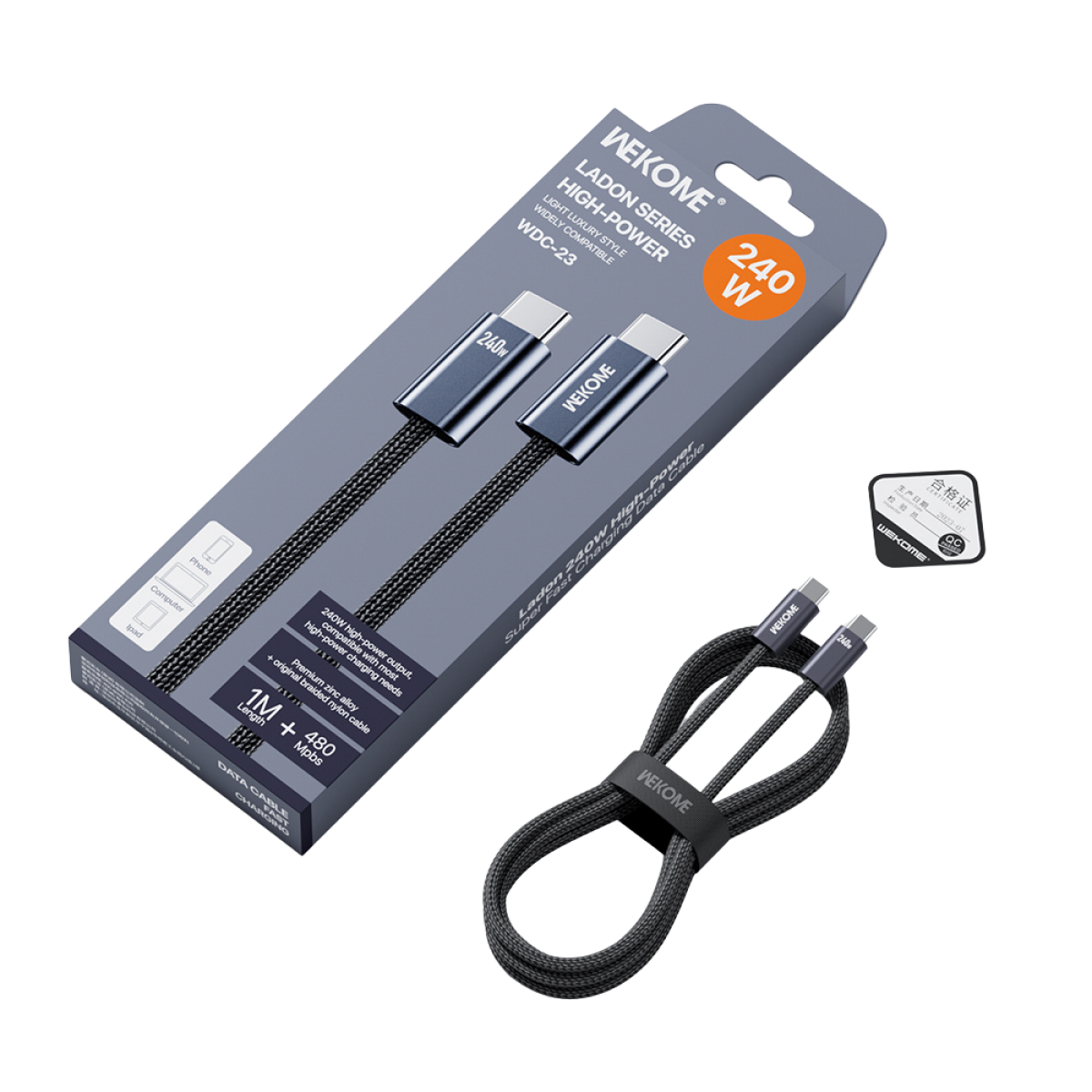 Καλώδιο Φόρτισης WK WDC-23 USB-C σε USB-C PD 240W 1m Μαύρο - Image 2