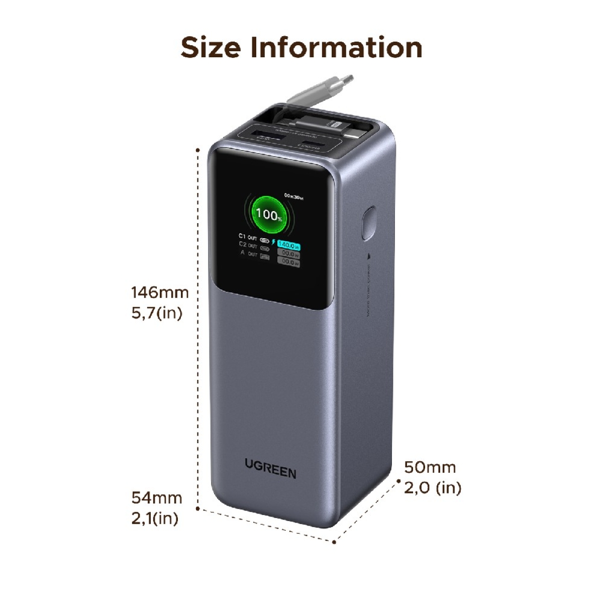 Power Bank 20000mAh PD 165W UGREEN PB726 55987B 2 Θέσεων, με καλώδιo USB-C 240W Γκρι - Image 2