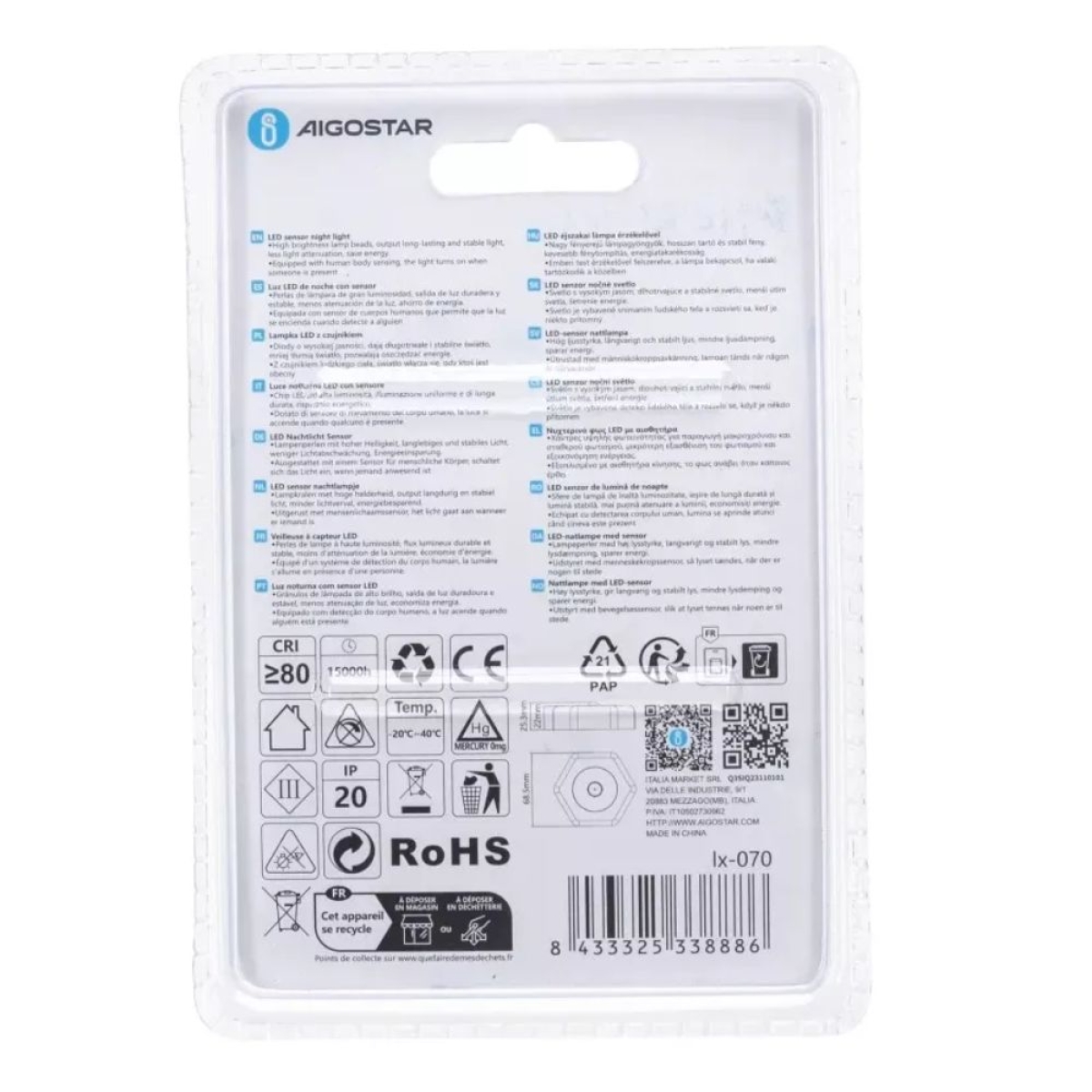 Aigostar LED Φωτάκι Νυκτός με Αισθητήρα Κίνησης PIR – 6500K