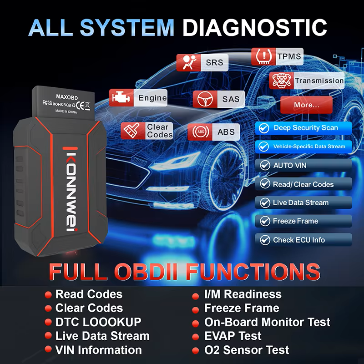 Διαγνωστικό Βλαβών Αυτοκινήτου με Bluetooth Konnwei MAXOBD 2 - Image 3