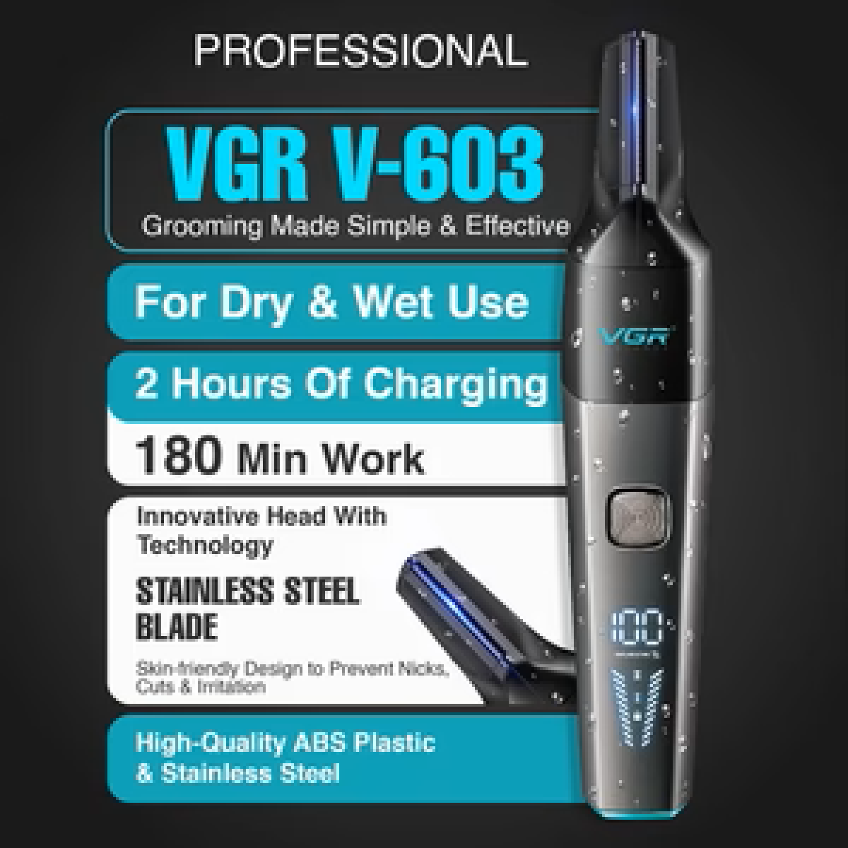 Επαναφορτιζόμενη Μηχανή Trimmer με Οθόνη 1200mAh VGR V-603 Μαύρο - Image 3