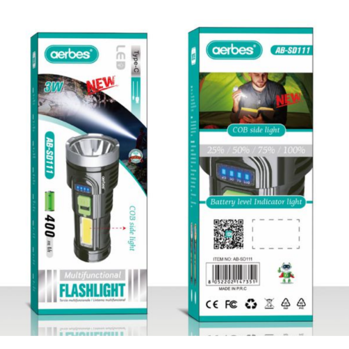 Επαναφορτιζόμενος Φακός LED 3W Με Πλευρικό Φως COB Aerbes AB-SD111