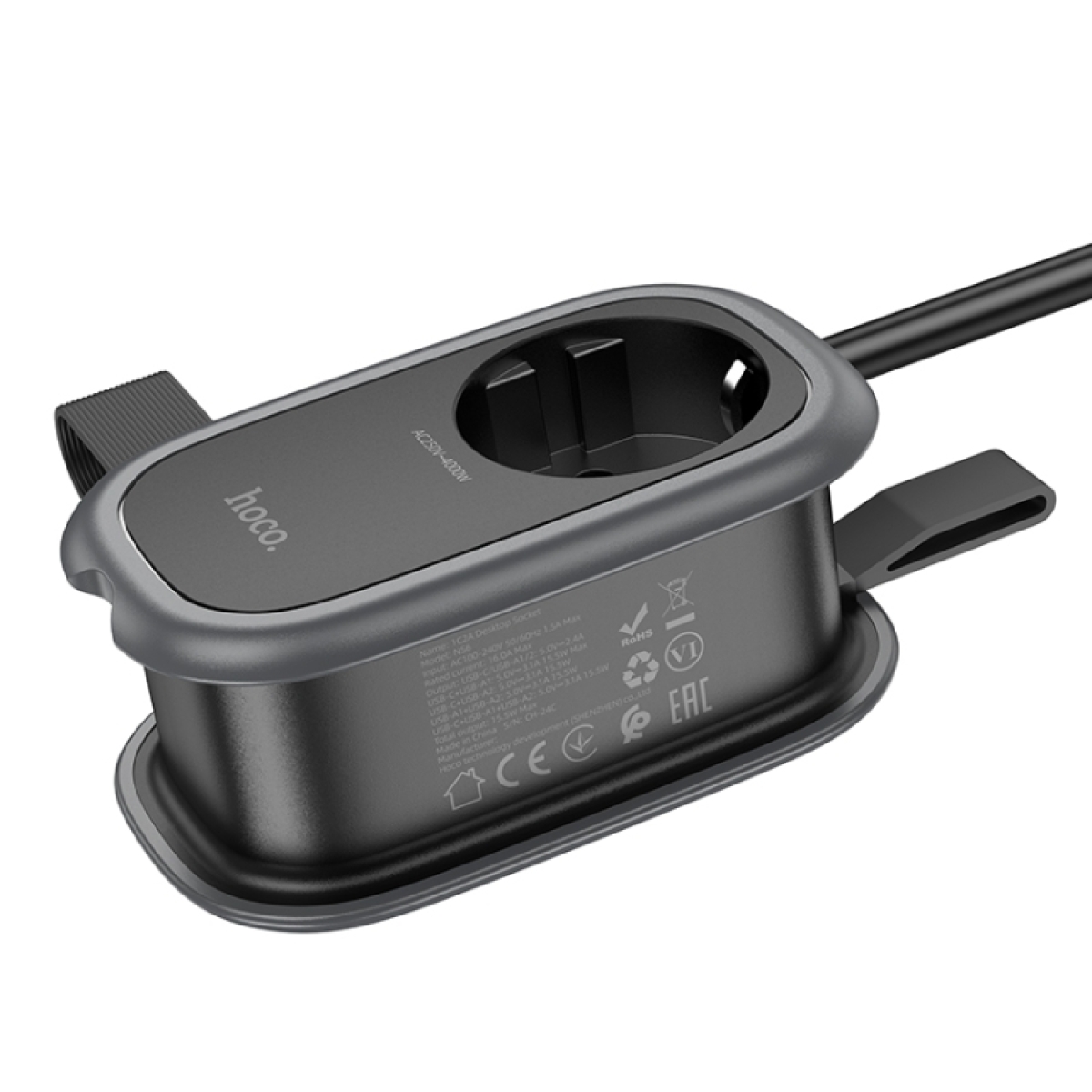 Επιτραπέζιος Φορτιστής με Type-C + 2 Θύρες USB και 1 Πρίζα – Καλώδιο 1.1 m 4000W Hoco NS6 Μαύρο - Image 3