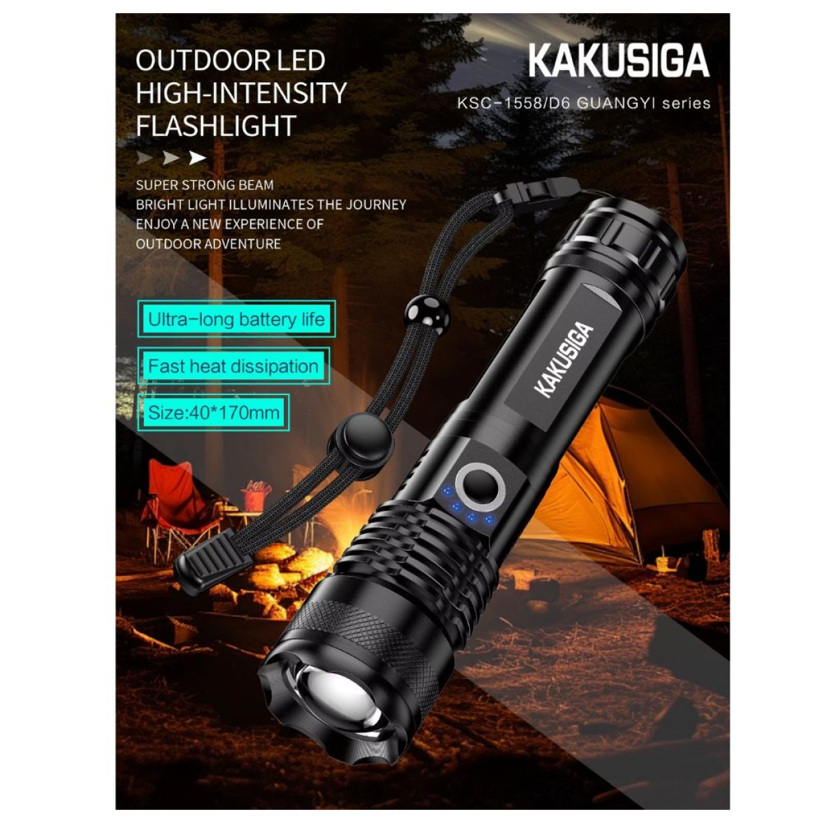 Φακός LED Kakusiga KSC-1558 με Zoom 500m & 5 Λειτουργίες Φωτισμού, Επαναφορτιζόμενος 1200mAh – Μαύρο