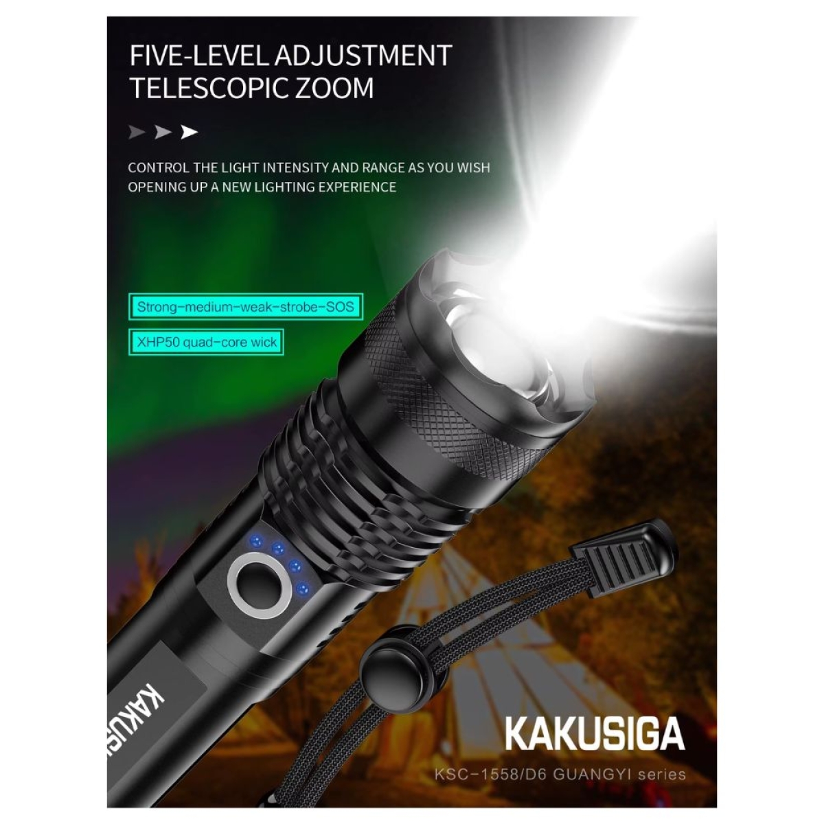 Φακός LED Kakusiga KSC-1558 με Zoom 500m & 5 Λειτουργίες Φωτισμού, Επαναφορτιζόμενος 1200mAh – Μαύρο