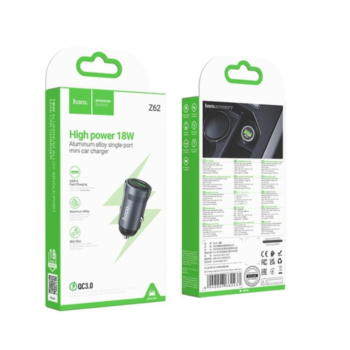 Φορτιστής Αυτοκινήτου USB-A 18W (QC3.0) Hoco Z62, χωρίς Καλώδιο – Γκρι