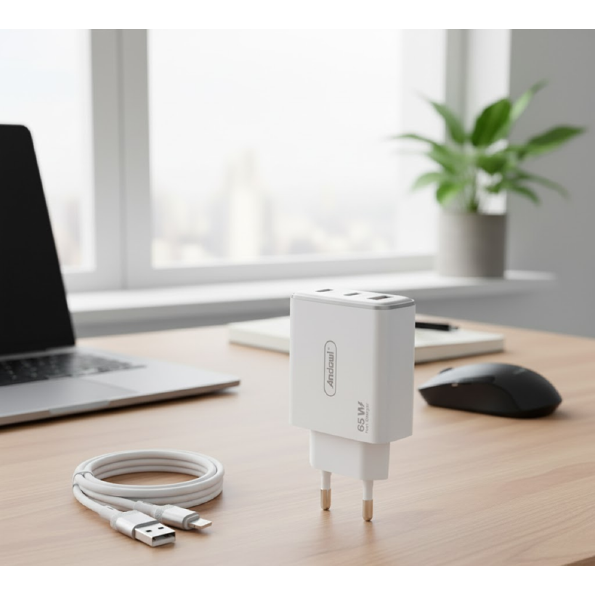 Φορτιστής με 2 Θύρες Type-C & 1 USB 65W και Καλώδιο USB to Lightning Andowl Q-CD55 Λευκό - Image 2