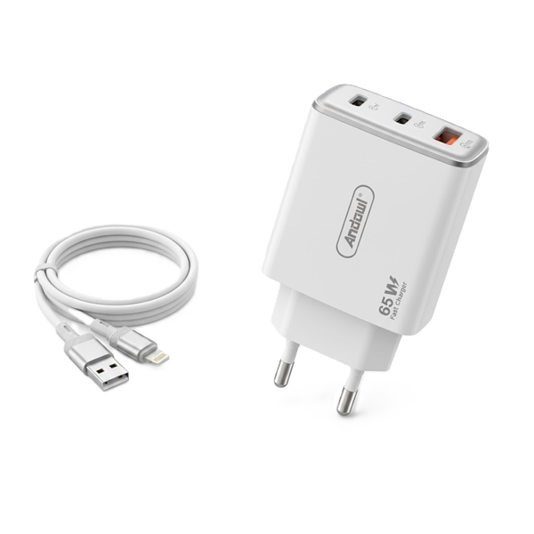 Φορτιστής με 2 Θύρες Type-C & 1 USB 65W και Καλώδιο USB to Lightning Andowl Q-CD55 Λευκό