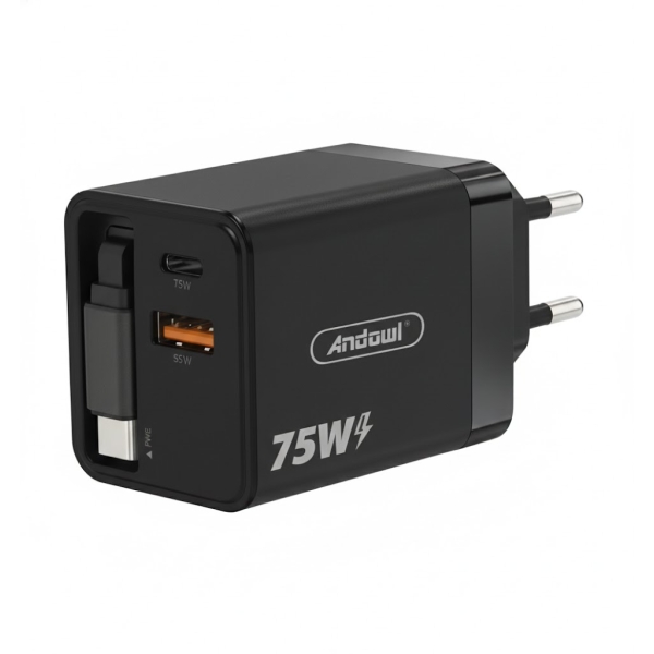Φορτιστής Πρίζας με Θύρα USB & Type-C 75W Andowl Q-CD09 Μαύρο