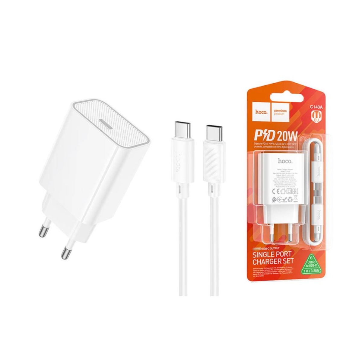 Φορτιστής Ταξιδίου Γρήγορης Φόρτισης USB-C & Καλώδιο Type-C 20W, HOCO C143A
