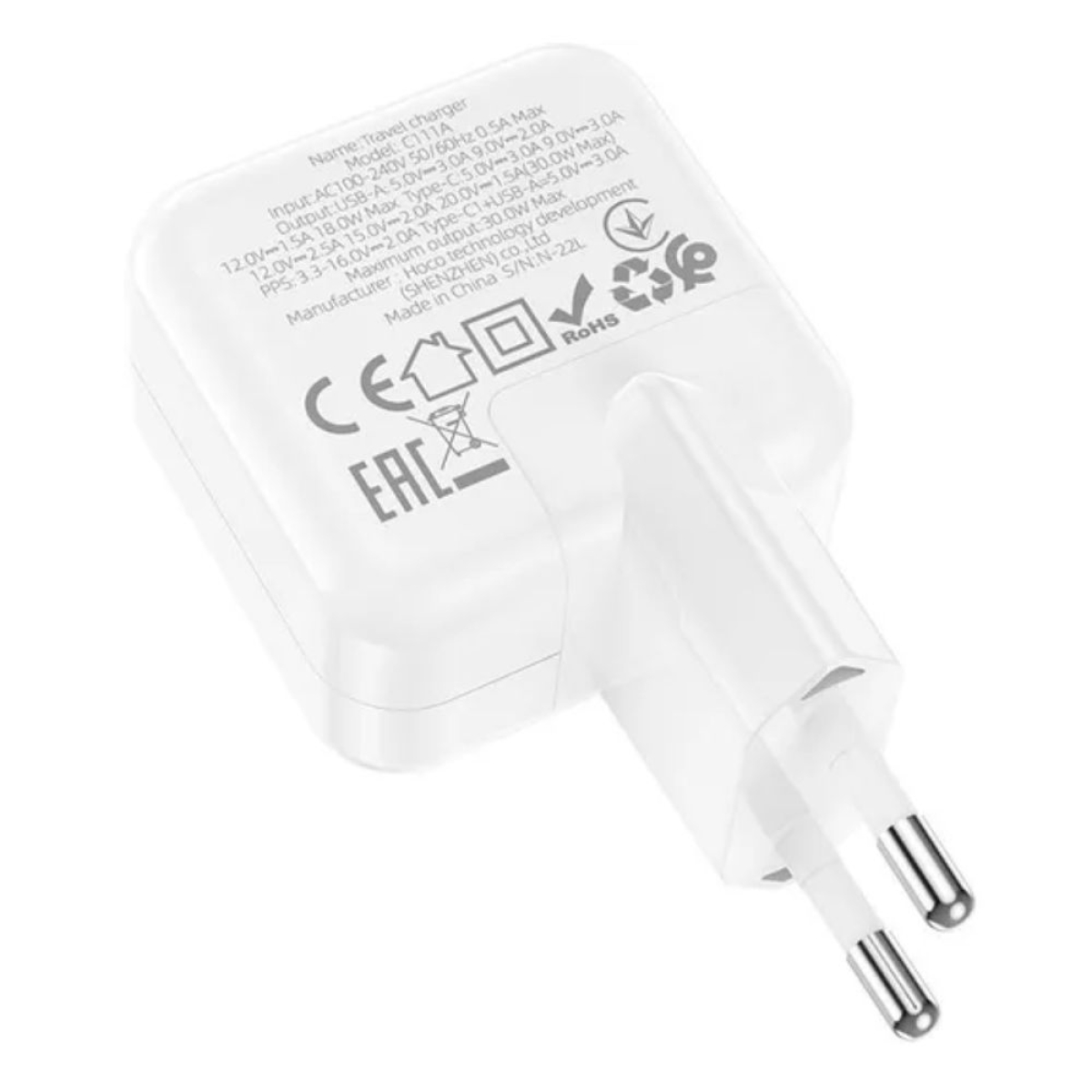 Hoco Φορτιστής Χωρίς Καλώδιο με Θύρα USB-A και Θύρα USB-C 30W Power Delivery / Quick Charge 3.0, Λευκός – C111A