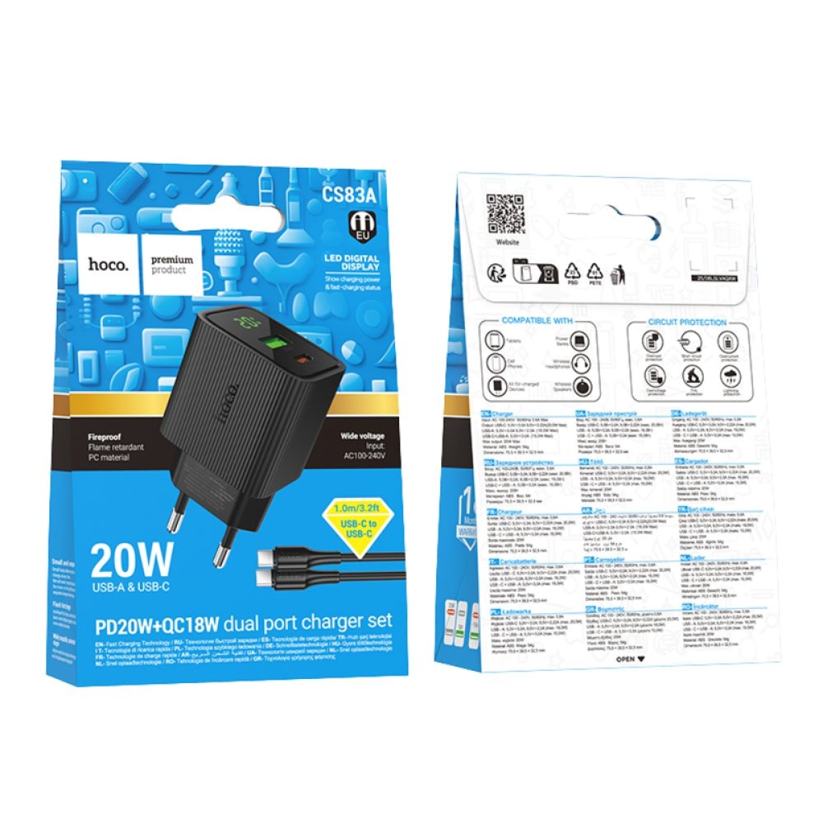 Hoco Φορτιστής με Θύρες USB-Α, USB-C & Καλώδιο Type-C 20W Μαύρος CS83A