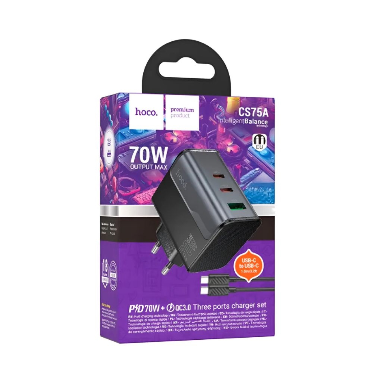 Hoco Φορτιστής με Θύρες USB-C, USB-A Χωρίς Καλώδιο 70W Μαύρος CS75A