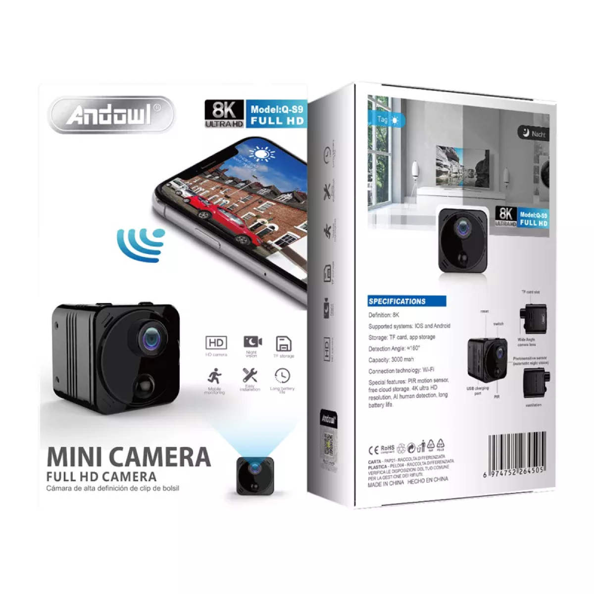Κάμερα Ασφαλείας Mini 8K Ultra HD Με Wi-Fi Andowl Q-S9