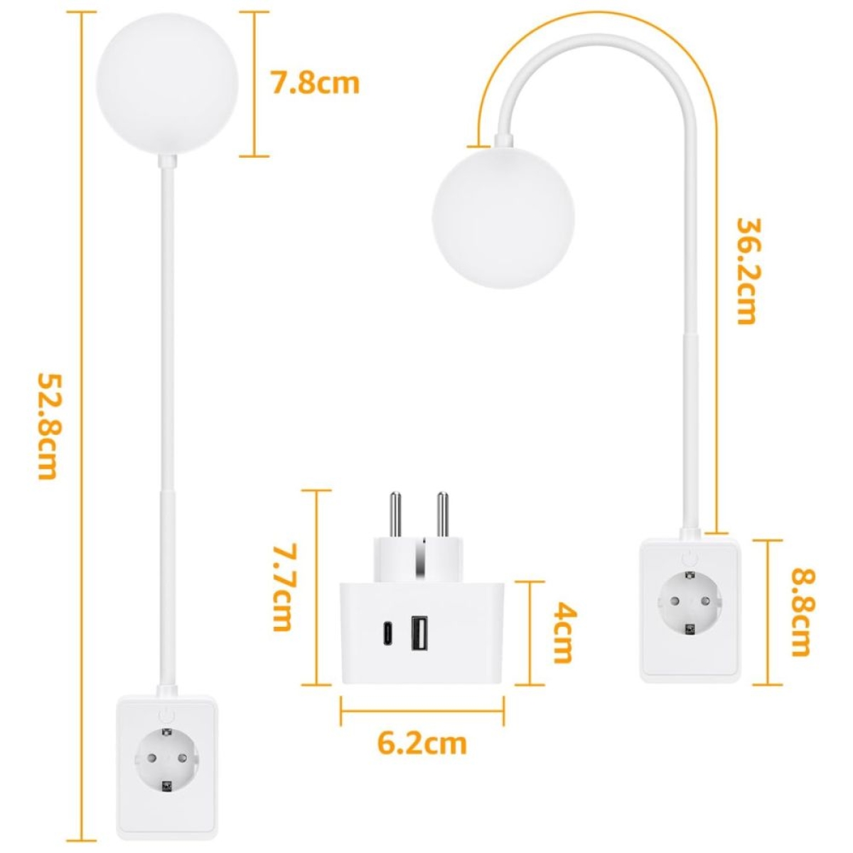 LED Φωτιστικό Τοίχου Aigostar με Πρίζα, USB-A & Type-C, 400lm – 3000K/4000K/6000K