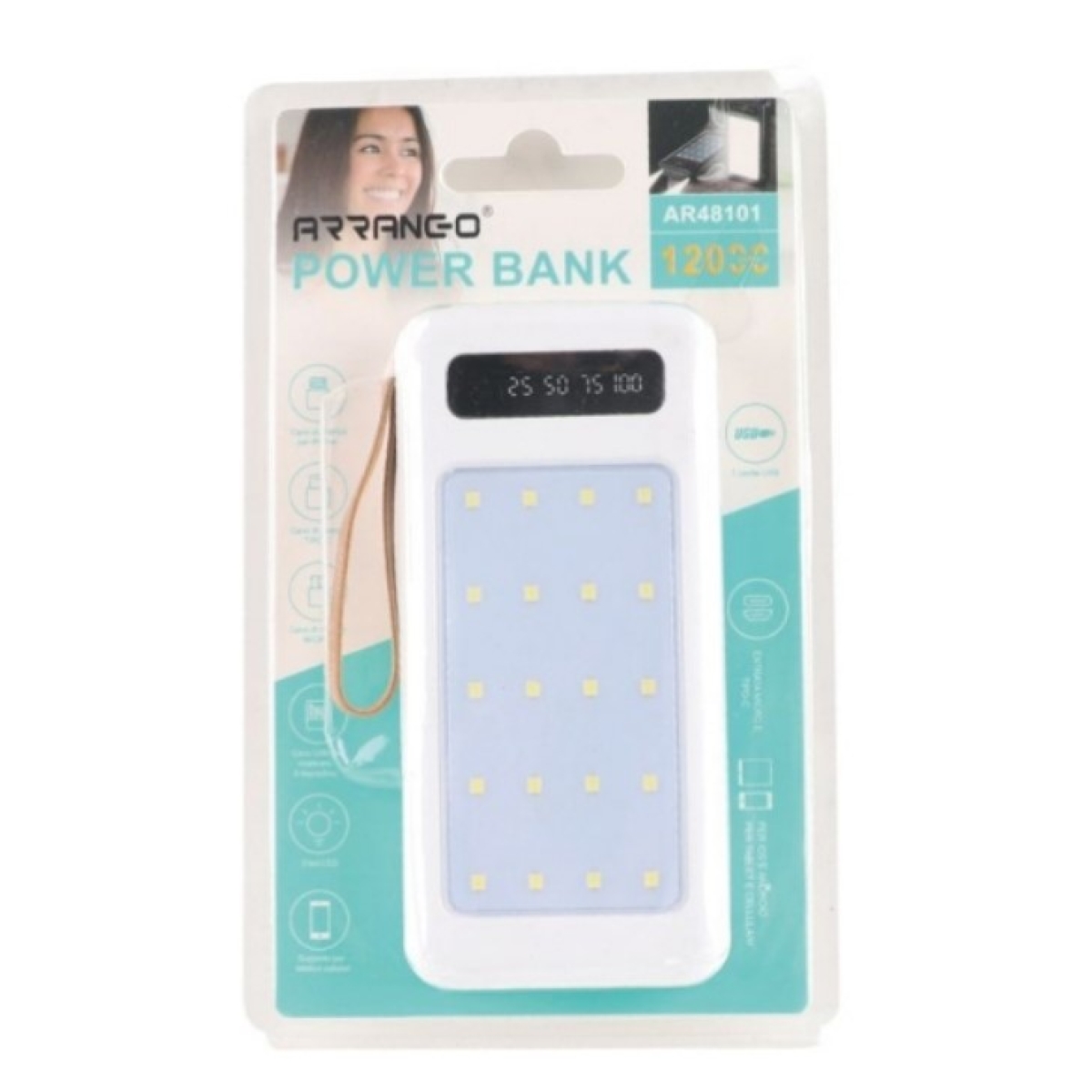 Power Bank 12000mAh Με Φως LED Και 4 Ενσωματωμένα Καλώδια Arrango AR48101