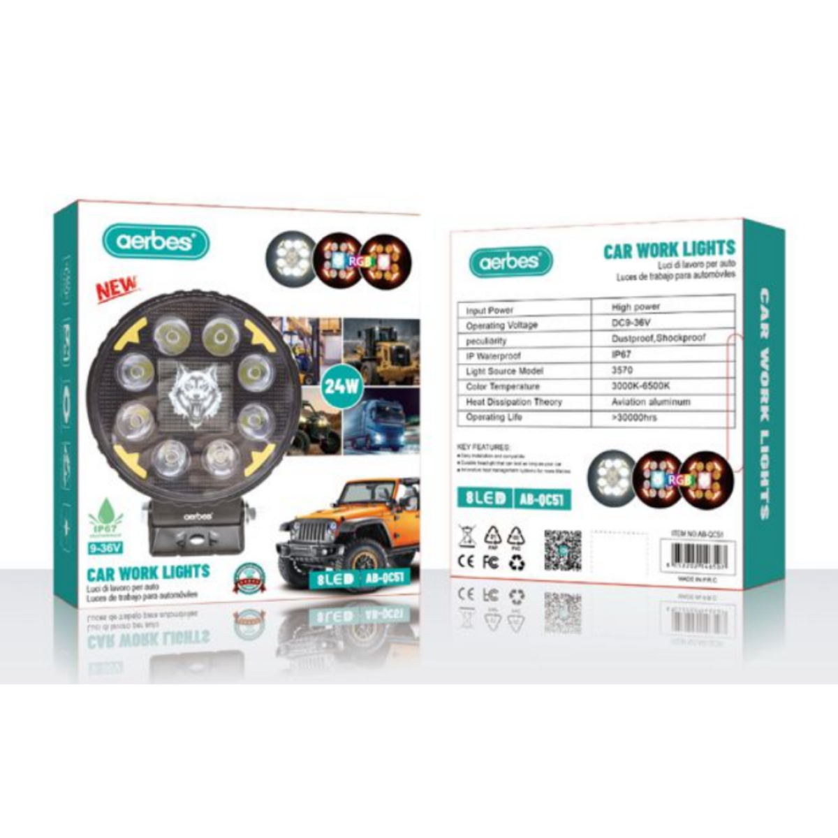 Προβολέας Αυτοκινήτου 8 LED 24W Αδιάβροχο Aerbes AB-QC51