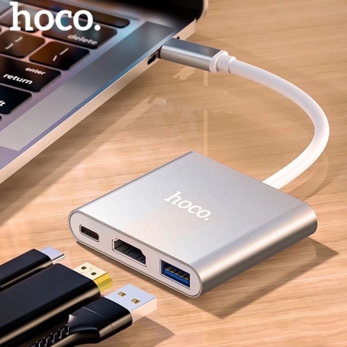 USB Hub με 3 Θύρες USB 3.0 - Type C PD και HDMI με βύσμα USB Type C Hoco HB14 Ασημί