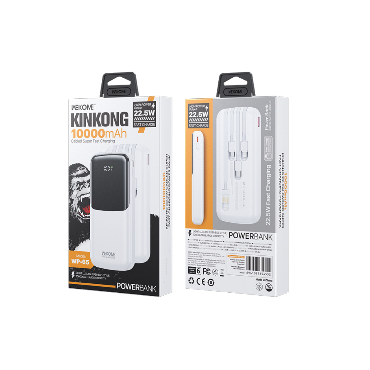 Power Bank 10000mAh PD 22,5W WK WP-65 2 Θέσεων, με καλώδιο USB-C/Lightning/Micro/USB Λευκό - Image 2
